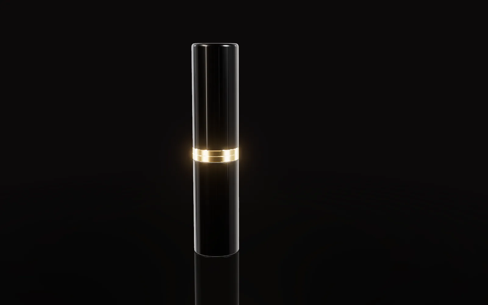 The closed case stands on a black lacquer floor.