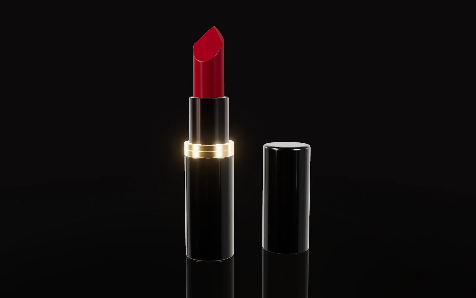 The cap has landed beside the open lipstick.